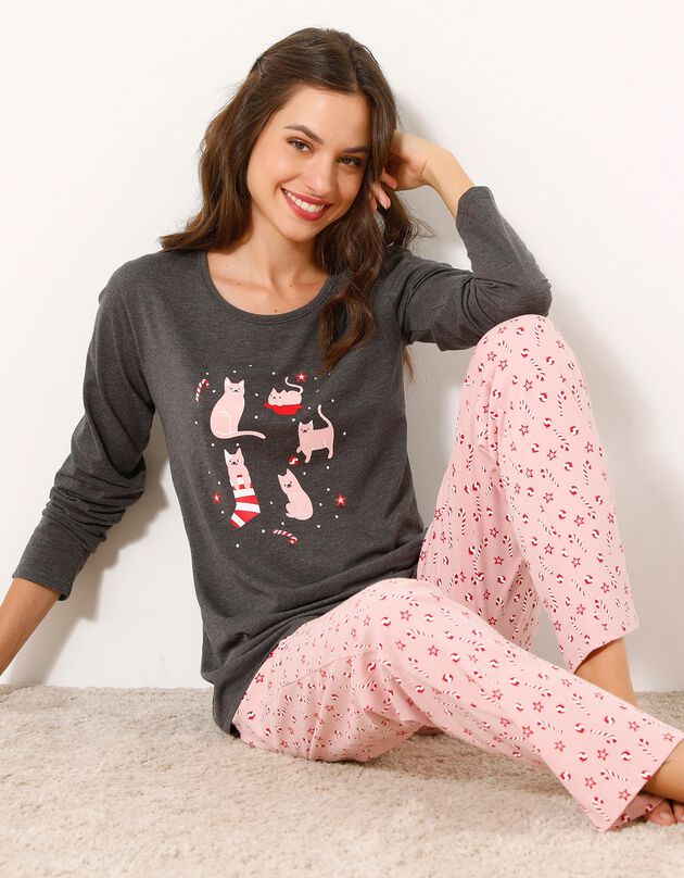 Pyjama pantalon imprimé chat (gris chiné / rose)