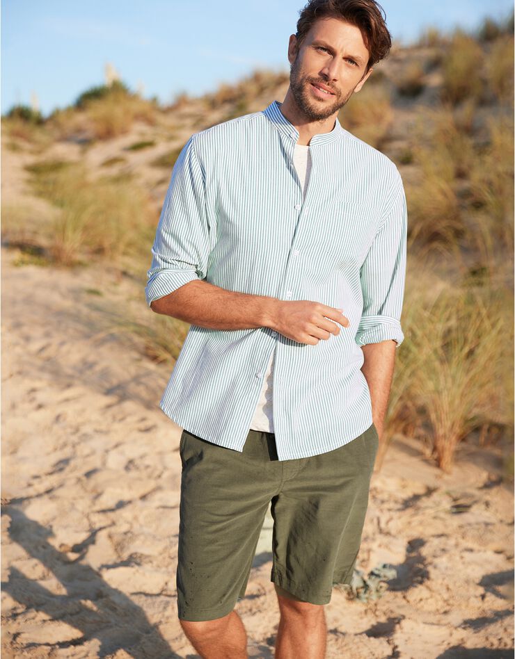 Chemise rayée col mao (écru / vert) Chemise rayée col mao (écru / vert)