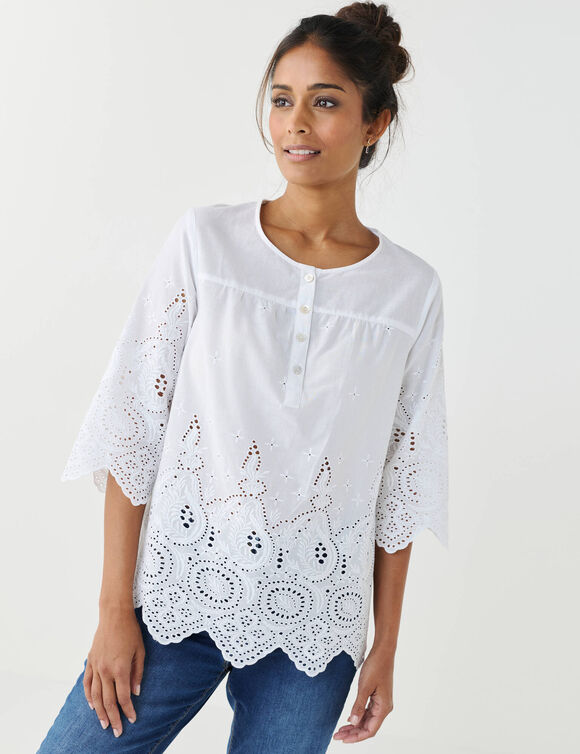 Blouse unie manches 3/4, broderie anglaise (blanc)