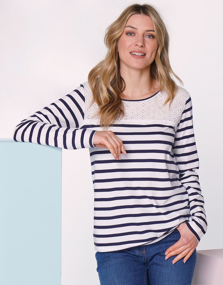 Tee-shirt rayé manches longues, empiècement broderie anglaise (blanc / marine) Tee-shirt rayé manches longues, empiècement broderie anglaise (blanc / marine)