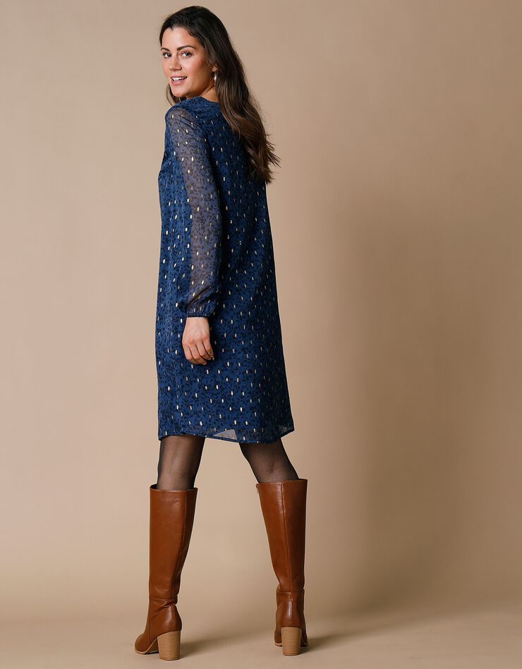 Robe évasée voile imprimé doré (bleu) Robe évasée voile imprimé doré (bleu)