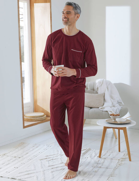 Pyjama coton passepoils contrastés (bordeaux)