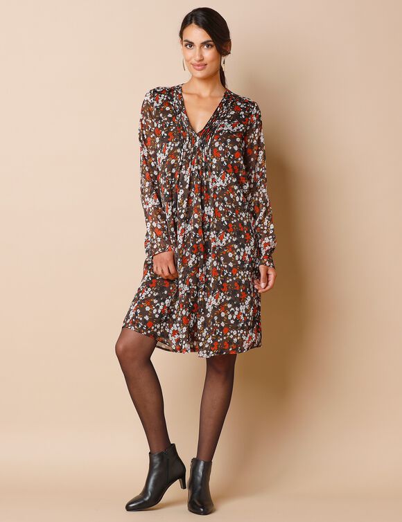 Robe à plis manches longues, imprimé fleuri (chocolat / ivoire)