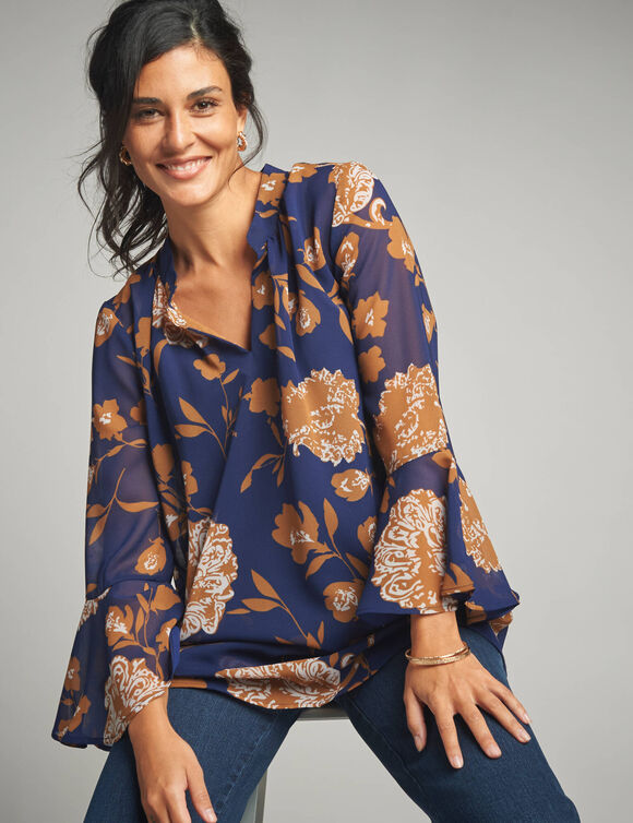 Tunique ample, en voile imprimé (indigo / caramel)