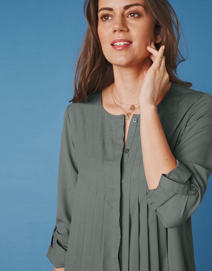 Blouse boutonnée à plis évasée unie, crêpe (bronze) Blouse boutonnée à plis évasée unie, crêpe (bronze)