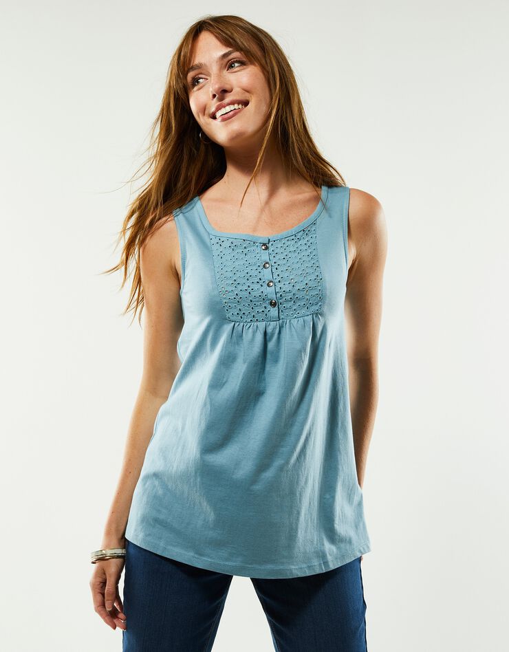 Débardeur col rond, broderie anglaise (bleu grisé) Débardeur col rond, broderie anglaise (bleu grisé)