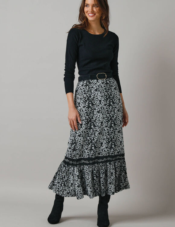 Jupe longue volume jupon, maille jersey (noir / écru)