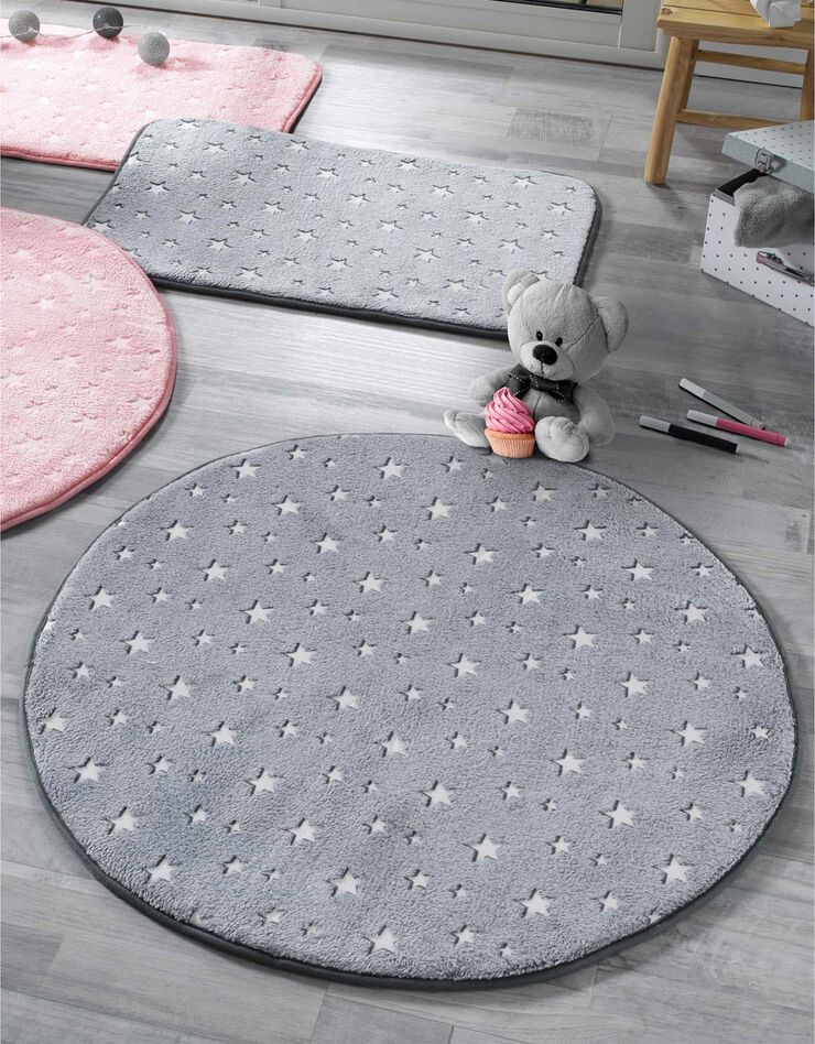 Tapis flanelle imprimé étoiles phosphorescentes - rond (gris) Tapis flanelle imprimé étoiles phosphorescentes - rond (gris)