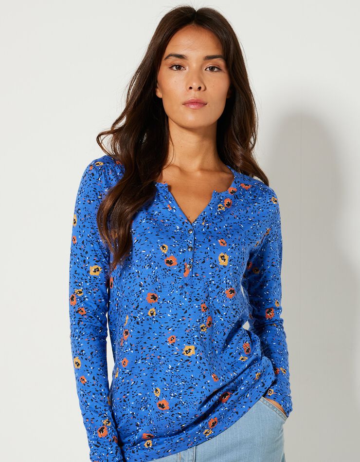 Tee-shirt col tunisien manches longues, imprimé (bleu) Tee-shirt col tunisien manches longues, imprimé (bleu)