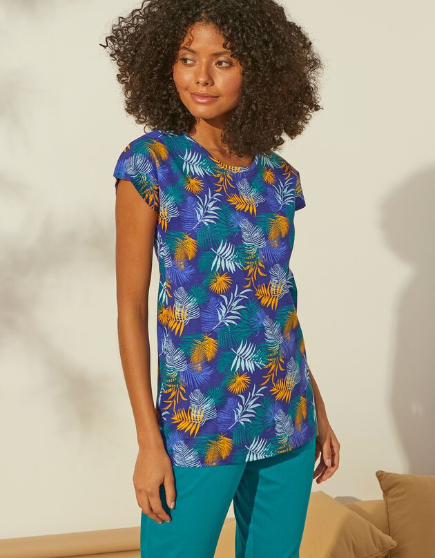 Tee-shirt de pyjama en coton manches courtes - imprimé tropical (bleu / safran)