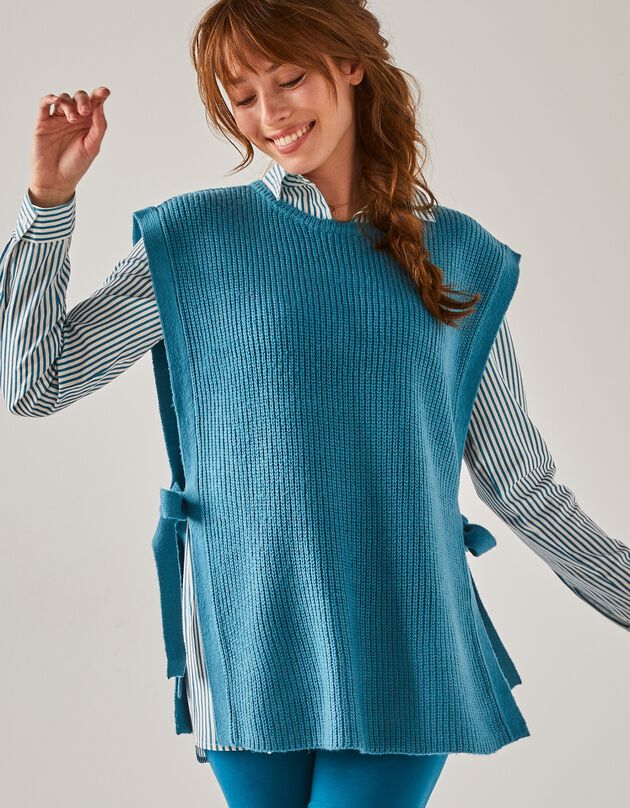 Pull tunique sans manches, maille anglaise toucher mohair (bleu)