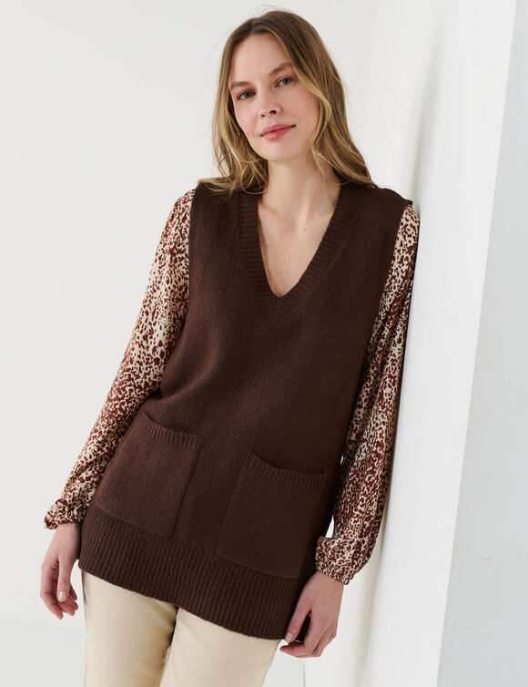 Pull tunique sans manches col V, maille moelleuse (chocolat)