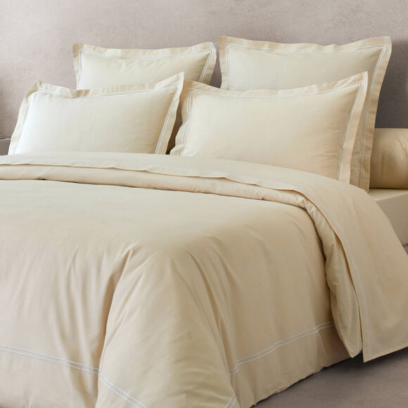 Linge de lit uni double bourdon - percale de coton 80 fils/cm&sup2; (sable / blanc)