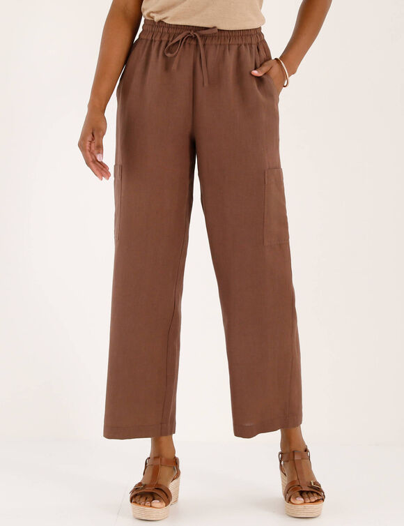 Pantacourt large &agrave; poches en coton-lin (marron)