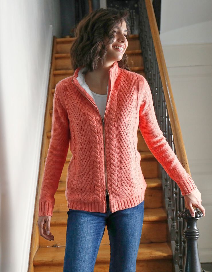 Gilet zippé torsadé doublé maille peluche (corail grisé) Gilet zippé torsadé doublé maille peluche (corail grisé)