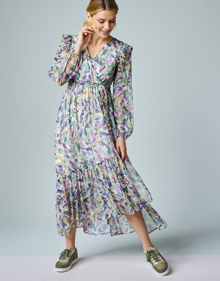 Robe longue volantée asymétrique en voile imprimé (kaki / naturel)