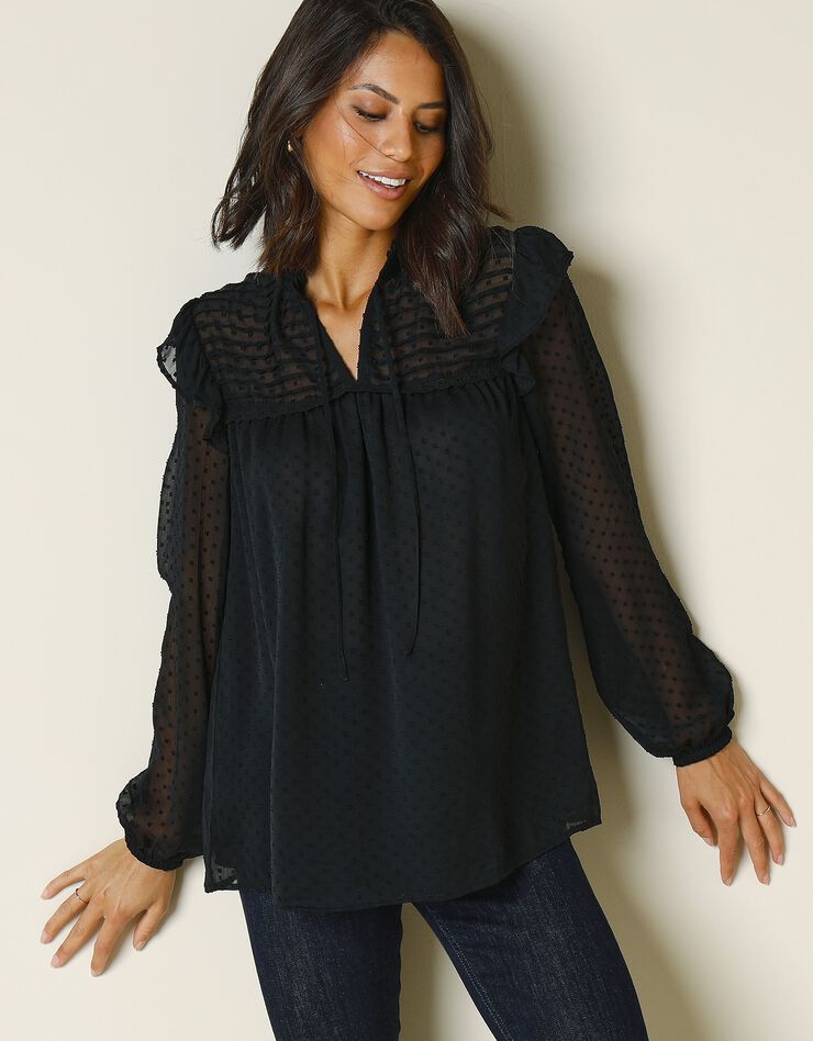 Blouse plumetis, macramé et volants (noir) Blouse plumetis, macramé et volants (noir)