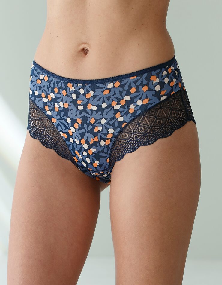 Culotte forme maxi coton stretch imprimé "fruits" et dentelle - lot de 3 (marine + bleu + orange) Culotte forme maxi coton stretch imprimé "fruits" et dentelle - lot de 3 (marine + bleu + orange)