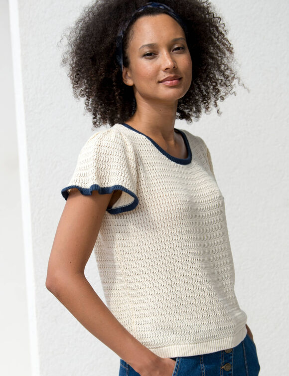 Pull manches courtes, maille fantaisie (&eacute;cru / marine)