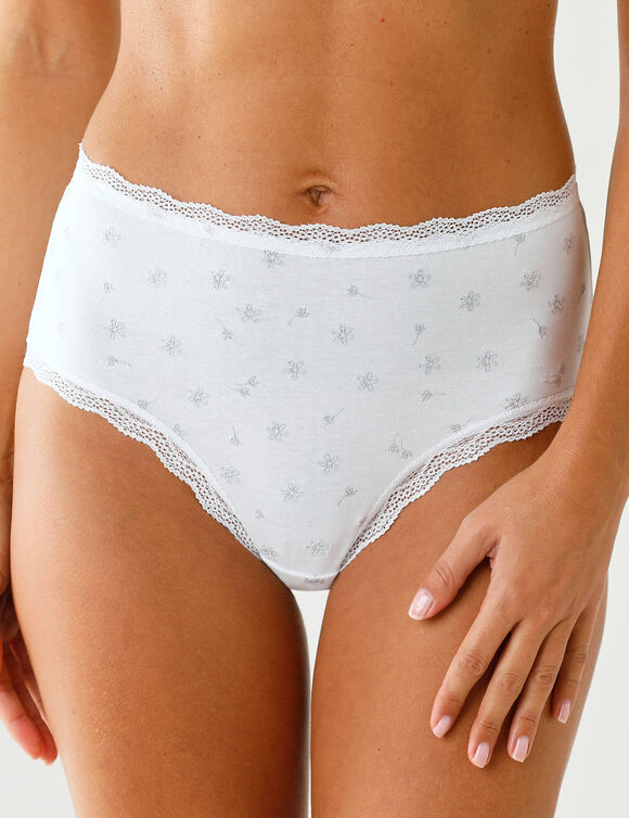 Culotte taille haute en coton stretch brod&eacute; et dentelle - lot de 3 (blanc)