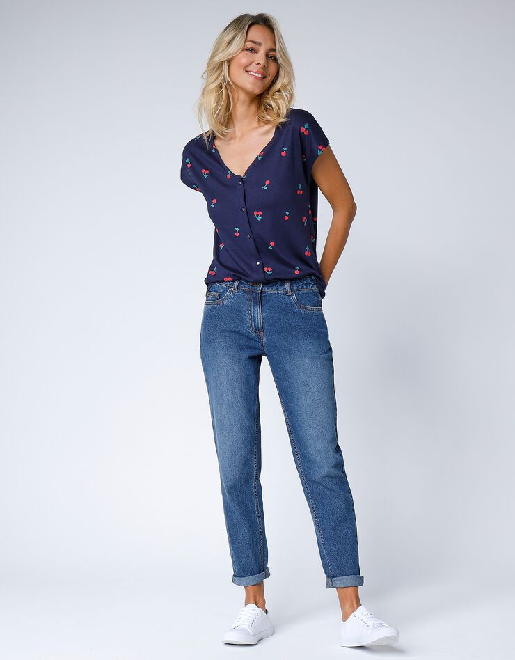 Tee-shirt col V boutonné imprimé cerises, spécial petites (marine) Tee-shirt col V boutonné imprimé cerises, spécial petites (marine)