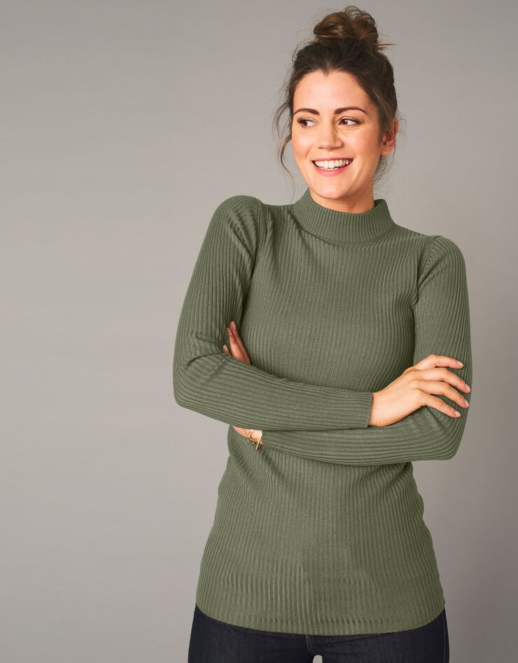 Pull col montant long, maille côtelée (kaki) Pull col montant long, maille côtelée (kaki)
