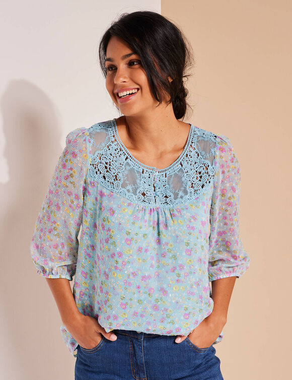 Blouse macramé imprimée, voile plumetis (bleu grisé)
