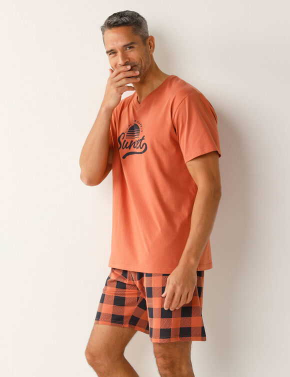 Pyjama short coton carreaux manches courtes (abricot)