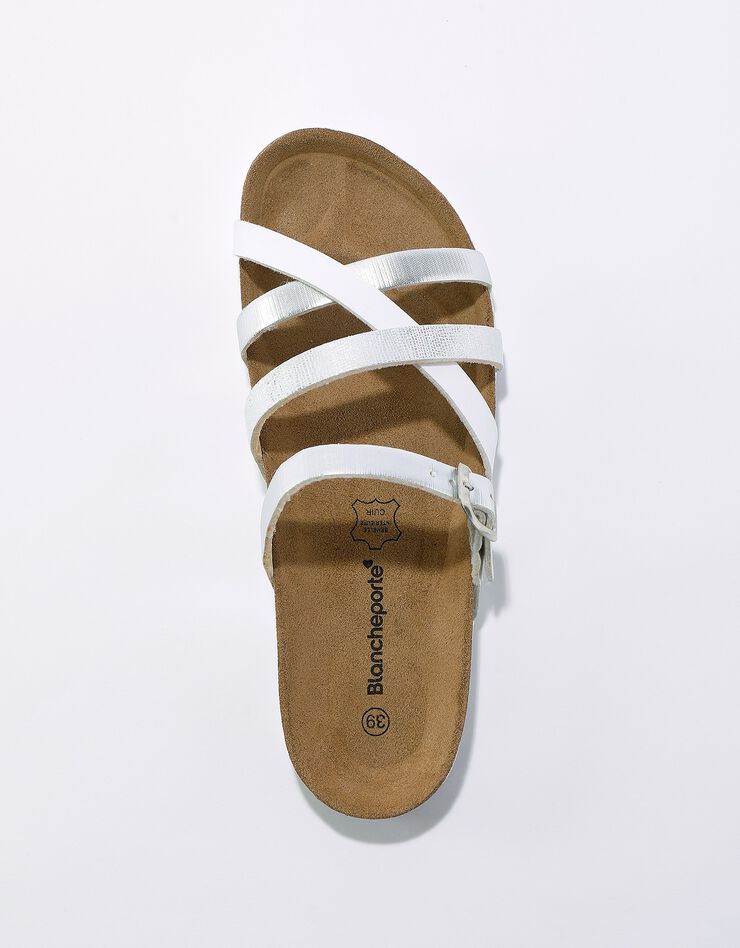 Mules compensées multibrides à boucle réglable en cuir semelle liège (argenté / blanc) Mules compensées multibrides à boucle réglable en cuir semelle liège (argenté / blanc)