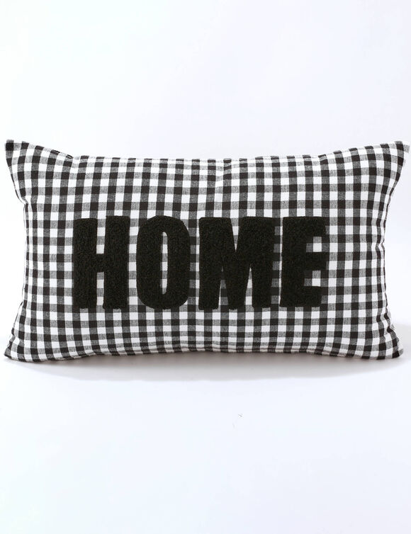 Coussin en coton, message HOME et carreaux tissé-teint  (noir)