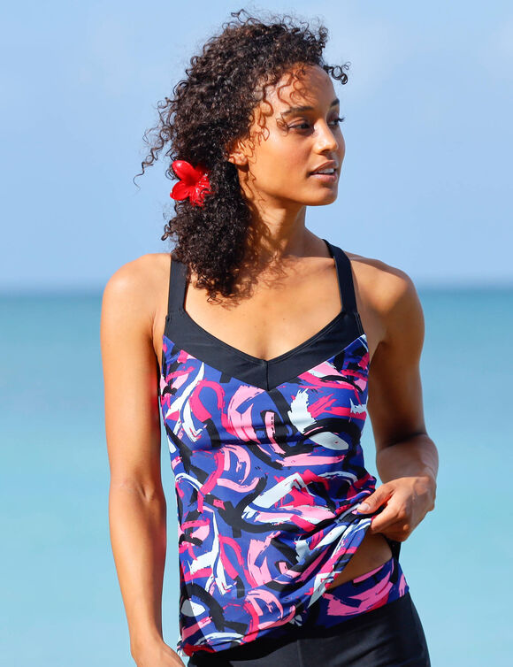 Haut de tankini imprim&eacute; dos crois&eacute; Lohena, coques moul&eacute;es (bleu / rose)