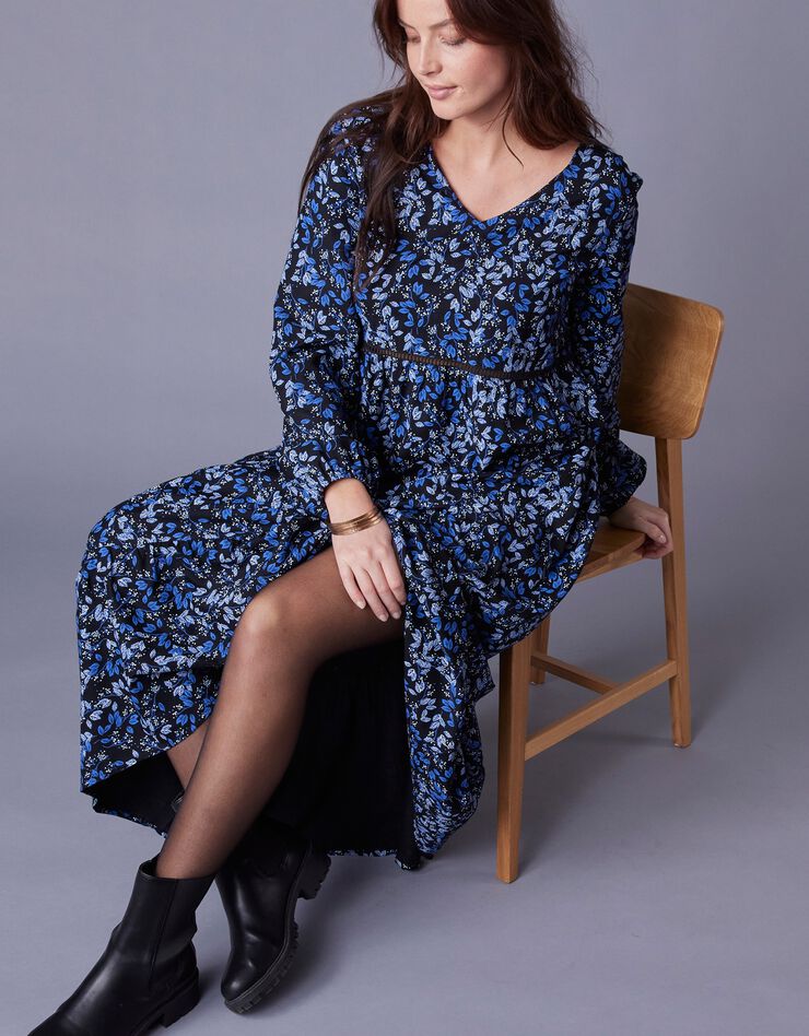 Robe longue volantée imprimée (noir / bleu dur) Robe longue volantée imprimée (noir / bleu dur)
