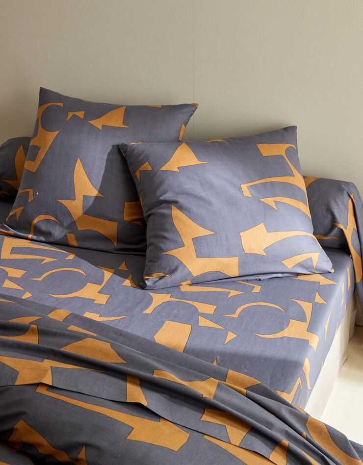 LInge de lit Puzzle en coton imprimé géométrique (caramel)