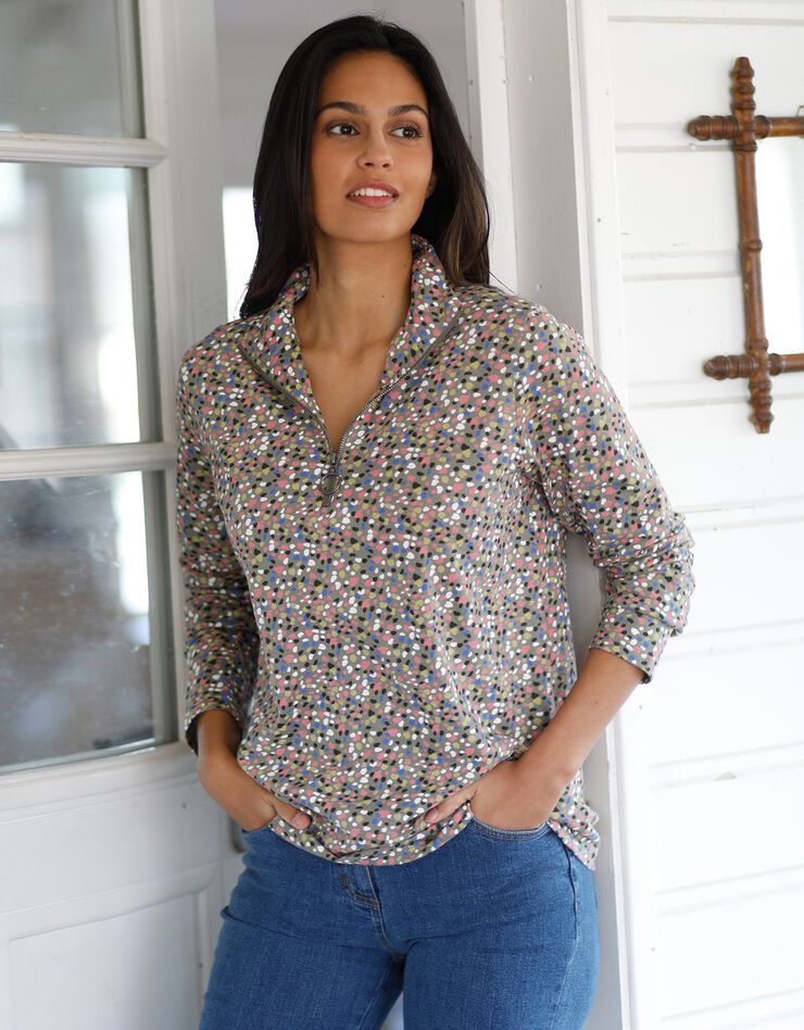 Tee-shirt col montant zippé imprimé (kaki) Tee-shirt col montant zippé imprimé (kaki)