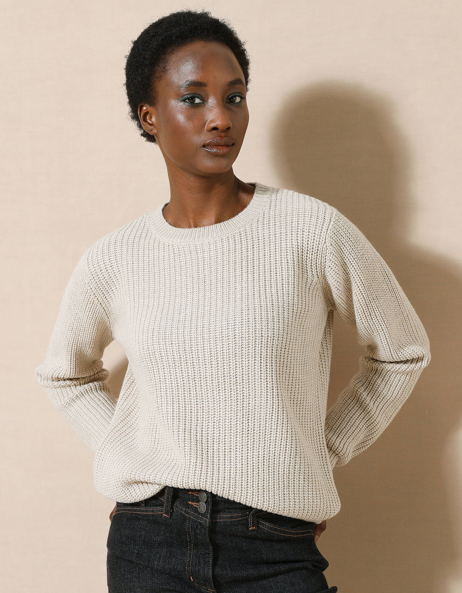 Pull en Laine Beige Col Rond Élégant pour Femme