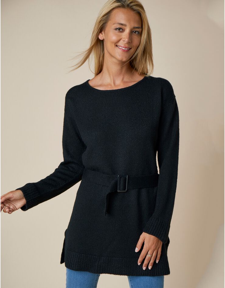 Pull tunique uni à ceinture amovible - toucher mohair (noir) Pull tunique uni à ceinture amovible - toucher mohair (noir)