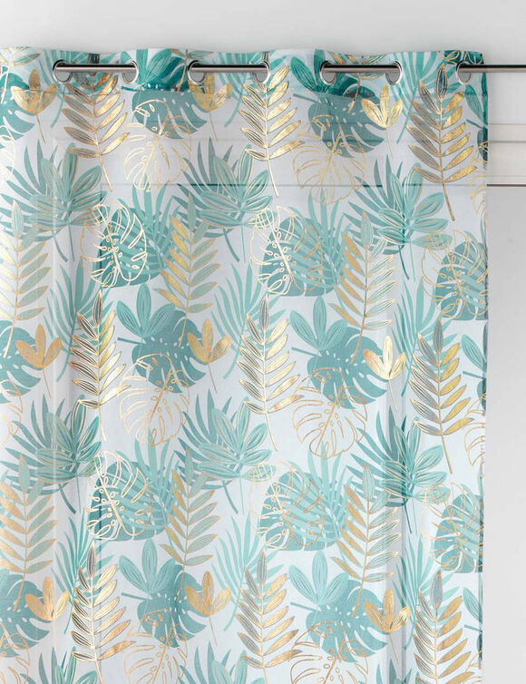 Voilage imprim&eacute; feuillage, d&eacute;tails m&eacute;tallis&eacute;s, finition &oelig;illets (&eacute;meraude / dor&eacute;)