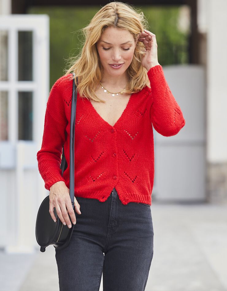 Gilet ajouré boutonné, toucher mohair (rouge) Gilet ajouré boutonné, toucher mohair (rouge)