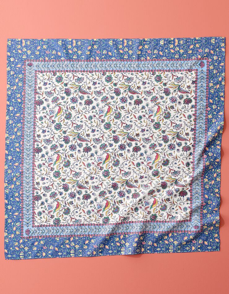 Foulard carré imprimé floral Indian Summer (écru / bleu)