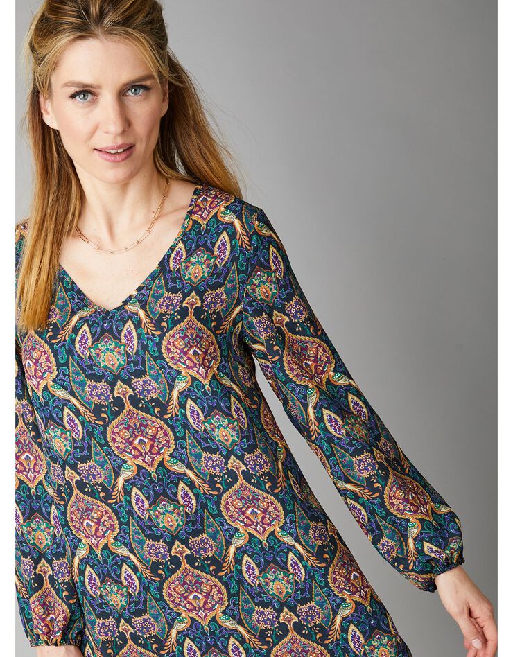 Robe en crêpe imprimé façon cachemire (noir / multicolore) Robe en crêpe imprimé façon cachemire (noir / multicolore)
