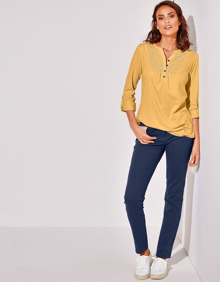 Tee-shirt col tunisien manches longues, broderie anglaise (safran) Tee-shirt col tunisien manches longues, broderie anglaise (safran)