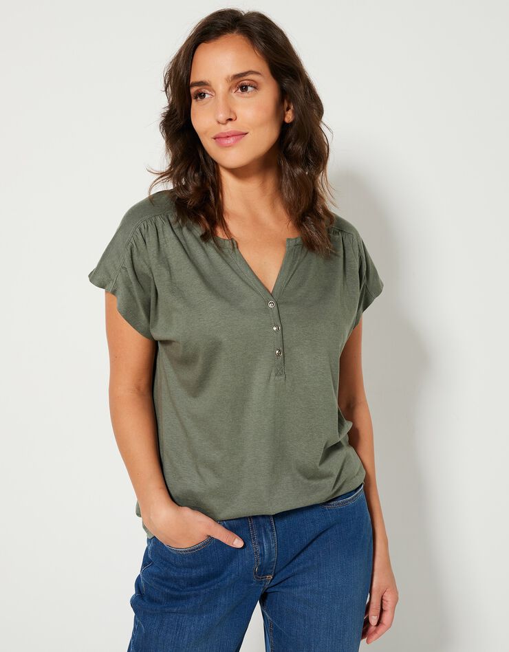 Tee-shirt col tunisien manches courtes, uni (kaki) Tee-shirt col tunisien manches courtes, uni (kaki)