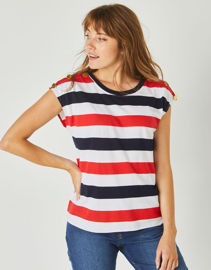 Tee-shirt épaules boutonnées rayé (blanc / bleu / rouge) Tee-shirt épaules boutonnées rayé (blanc / bleu / rouge)