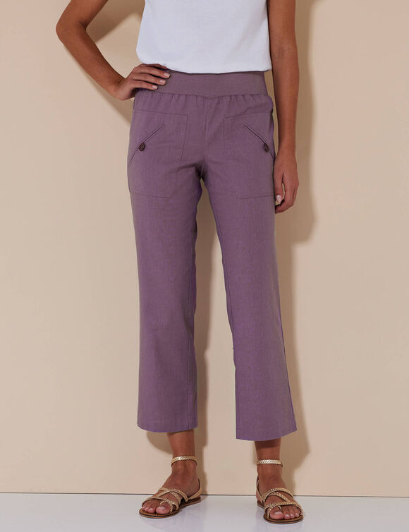 Pantalon coupe droite 7/8ème taille élastiquée, lin coton (violet grisé)