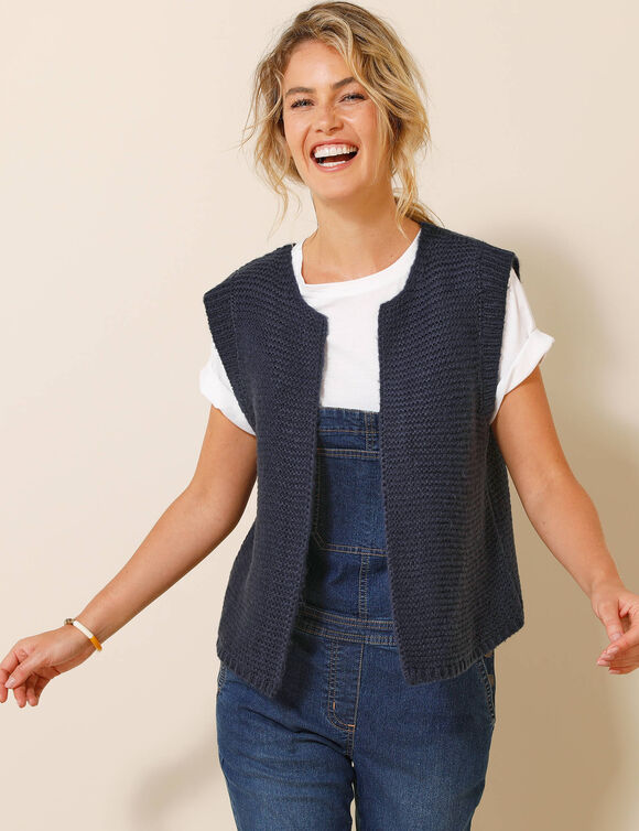 Gilet col rond sans manches, point mousse (marine)