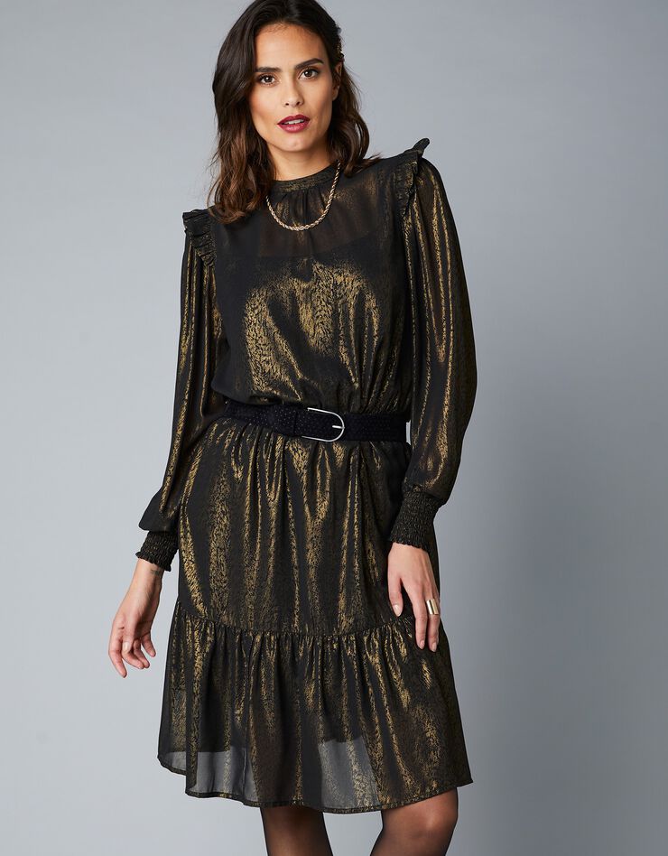 Robe évasée imprimé animalier doré - manches longues (noir / doré) Robe évasée imprimé animalier doré - manches longues (noir / doré)