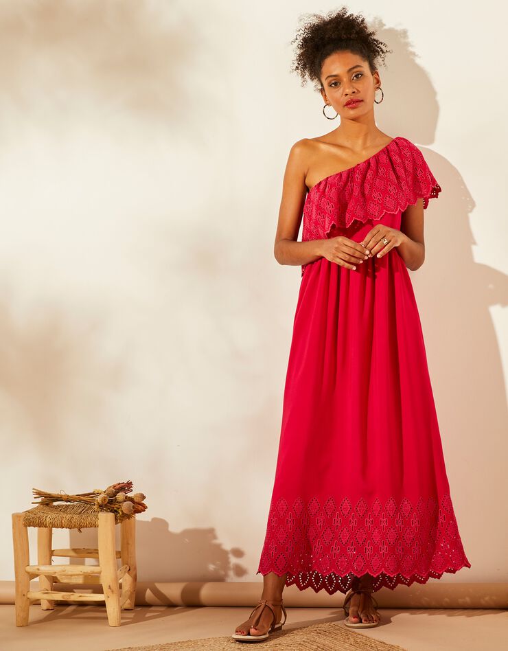 Robe longue one shoulder avec volant broderie anglaise (framboise)