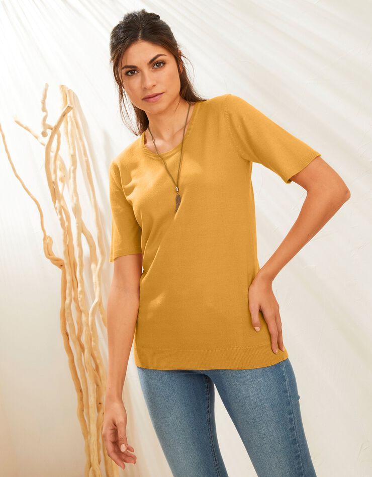 Pull uni manches courtes toucher cachemire (mangue) Pull uni manches courtes toucher cachemire (mangue)