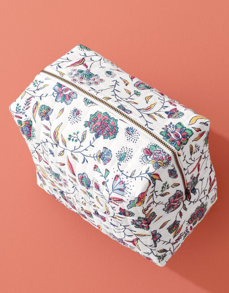 Trousse de toilette zippée matelassée, imprimé floral Indian Summer (écru / bleu)