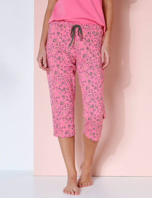 Pantacourt pyjama imprimé fleuri  "Bohème" (rose indien / kaki)